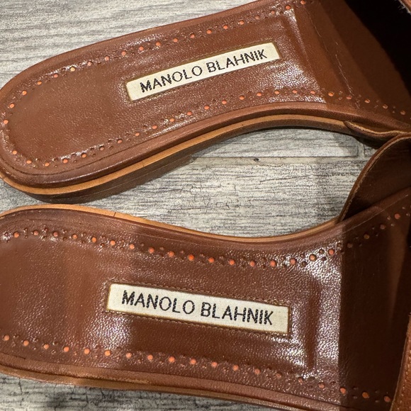 Manolo Blahnik Megacle Orange and Yellow Colorblock Leather Flat Sandals - Picture 5 of 9